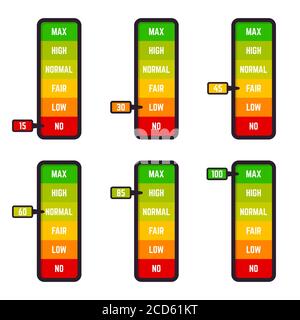 Scala a barre bassa. Scala del tasso di soddisfazione, soddisfazione del cliente indicazione di valutazione buona e bassa, i livelli dei beni misurano le icone di illustrazione vettoriale impostate Illustrazione Vettoriale