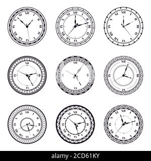 Antico quadrante di orologio. Orologi antichi d'epoca, antici 12 ore orologio, numeri romani orologio orologio vettoriale simboli di illustrazione set Illustrazione Vettoriale