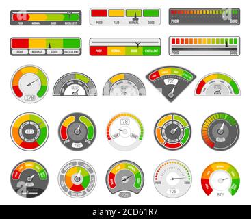 Livello indicatore tachimetro. Indicazione della classificazione di qualità, indicatori del contagiri per merci, indicatori del punteggio di soddisfazione icone vettoriali impostate Illustrazione Vettoriale