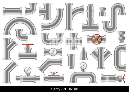 Tubi dell'acqua. Costruzione di tubazioni metalliche, tubi industriali in metallo con contatori, valvole, manopole rotanti, set di icone vettoriali isolate Illustrazione Vettoriale