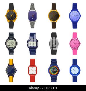 Orologi da polso. Classici orologi maschili femminili, smartwatch digitale, cronografo moda unisex, moderni orologi da polso maschile icone vettoriali di illustrazione set Illustrazione Vettoriale