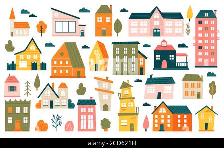Graziose case minuscole. Case Cartoon piccola città, edifici minimalismo città, residenziale suburbana minimo case vettoriale illustrazione icone set Illustrazione Vettoriale