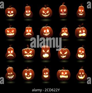 Zucche di Halloween. Cartoon spaventoso scultura caratteri zucca, arrabbiato zucca incandescente volti, vacanza spooky decorazione vettore illustrazione set Illustrazione Vettoriale