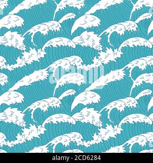 Onde del mare motivo senza giunture. Oceano acqua linee d'onda, ondate di mare curva, estate spiaggia onde tempesta texture vettore sfondo illustrazione Illustrazione Vettoriale