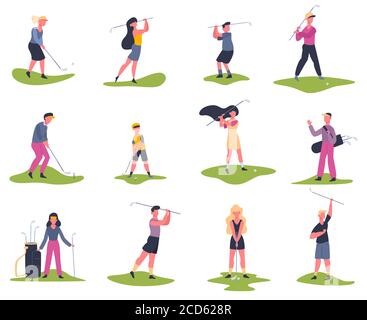 Giocatori di golf. Persone che giocano a golf, golfers che colpiscono la palla, attività fuori estate, golf personaggi vettore illustrazione set Illustrazione Vettoriale