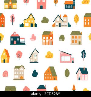 Modello di casa. Carino case città piccola senza soluzione di sfondo, villaggio minimalista, residenze città case paesaggio vettore sfondo illustrazione Illustrazione Vettoriale