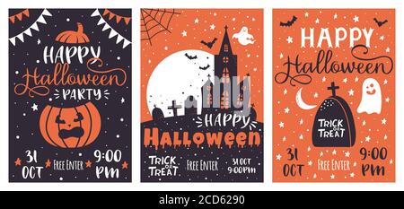 Poster della festa di Halloween. Zucca spaventosa, casa infestata, volanti pipistrelli saluto spooky tradizionale partito inviti vettore modello illustrazione Illustrazione Vettoriale