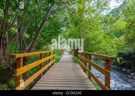 Ponte il fiume Valira del Orient a Cami RAL in estate ad Andorra. Foto Stock