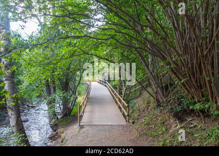 Ponte il fiume Valira del Orient a Cami RAL in estate ad Andorra. Foto Stock