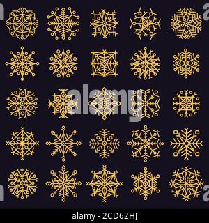 Fiocchi di neve dorati. Inverno fiocco di neve ghiacciato, stelle di Natale della neve del ghiaccio dell'oro, cristalli di fiocco di neve cadenti freddi insieme di icone vettoriali di illustrazione isolate Illustrazione Vettoriale