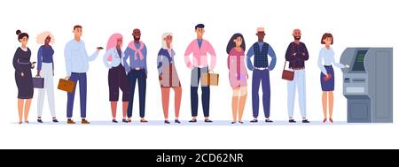 Coda ATM persone. Riga per prelevare denaro, caratteri maschili e femminili attendere la macchina ATM, illustrazione del vettore di transazione del terminale Illustrazione Vettoriale