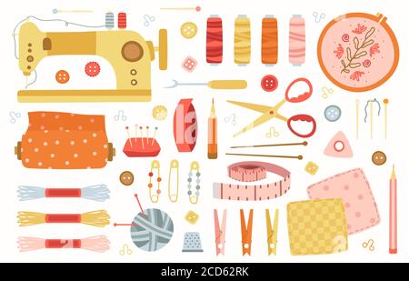 Elementi di cucitura. Utensili per hobby fatti a mano, per cucire, per agugliare, accessori per maglieria, macchine, aghi e forbici, set di illustrazioni vettoriali Illustrazione Vettoriale