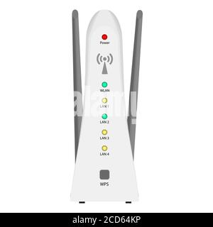 Router Wi-Fi verticale bianco con due antenne isolate su bianco. LED di colori diversi e un pulsante WPS per configurare la connessione. EPS vettoriale 10. Foto Stock