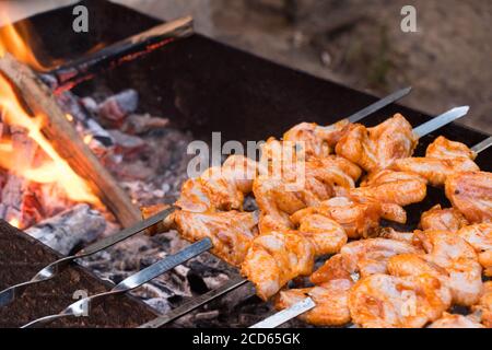 Tema della cena all'aperto. Succulenti kebab arrosto al barbecue. Carne di pollo su spiedini. Foto Stock
