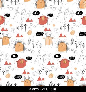 Cute Forest animali senza cuciture modello. Orso, cervo, riccio, lepre. Sfondo per bambini con cartoni animati scandinavi. Design per tessuti, tessuti, decorazioni. Illustrazione di Doodle Vector Illustrazione Vettoriale