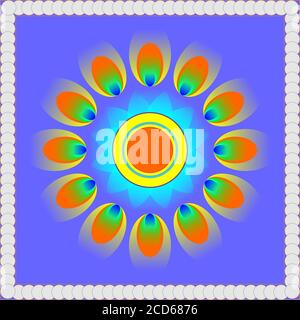 Astratto Floral solare mandala peacock petali design con dischi bordo su sfondo azzurro Foto Stock