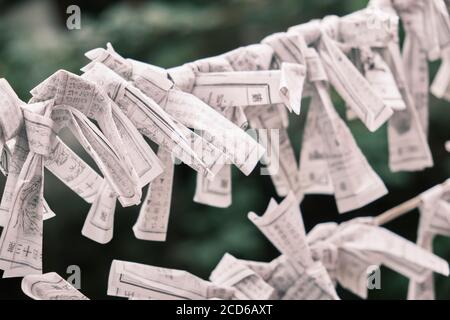 La carta di fortuna di Omikuji scivola ad un tempiale in Giappone. Foto Stock