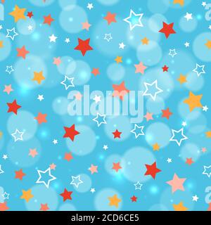 Sfondo festivo con stelle multicolore. Modello senza cuciture per le vacanze. Festa di fondo festivo. Modello per carta da imballaggio per le festività. Tex vettoriale senza giunture Illustrazione Vettoriale