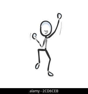 Successo. Uomo felice che salta. Vincitore che festeggia. Vettore vittoria semplice. Danza felice. Stickman nessun fumetto di clipart del viso. Disegnato a mano. Schizzo di Doodle Illustrazione Vettoriale