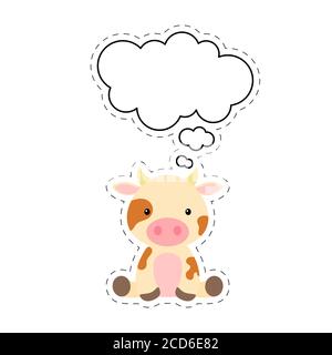 Carino mucca di cartone animato con adesivo bolla di parola. Kawaii personaggio su sfondo bianco. Cartoon che siede cartolina animale clipart per compleanno, acquazzone del bambino, Illustrazione Vettoriale