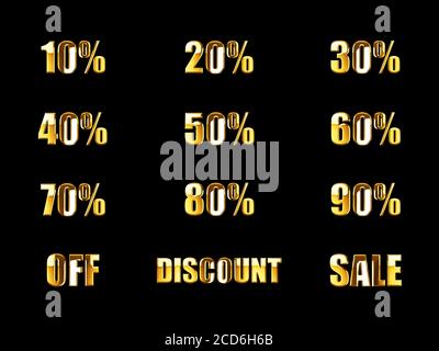 10% 20% 30% 40% 50% 60% 70% 80% 90% sconto VENDITA testo rendering 3D oro. Sconto percentuale sulla promozione di vendita rispetto al rendering 3d isolato su backgr nero Foto Stock