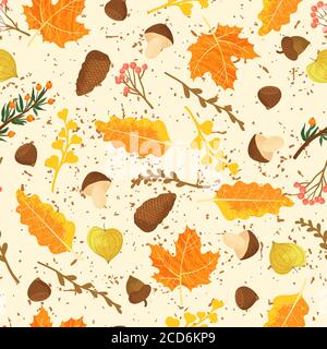 Modello di foresta senza giunture con ghiande e autunno leaves.Cozy sfondo autunno. Sfondo vettoriale con elementi di cartoni animati piatti. Illustrazione Vettoriale