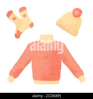 Collezione di abiti a maglia invernali isolati su sfondo bianco - jumper o maglione in lana, cappello con pompon e calzini. Grafico vettoriale a fumetti piatti Illustrazione Vettoriale