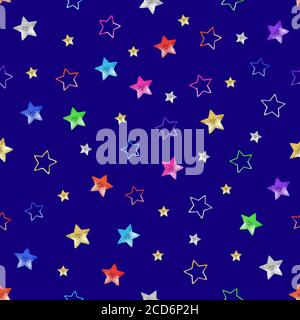 Stelle colorate con motivo senza cuciture su sfondo blu isolate, stelle lucide sullo sfondo del cielo notturno scuro, scintillante spazio stellato che ripete ornamenti Foto Stock