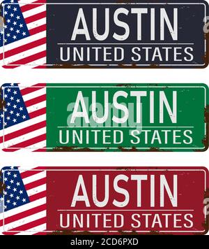 Collezione d'insegna in stagno retrò con i nomi delle città degli Stati Uniti Austin. Cartello ricordo vintage Vector Illustrazione Vettoriale