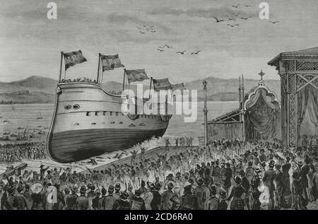 Spagna, Galizia, Ferrol, provincia di la Coruña. Fregata "Navarra" (F-85). Fu costruito nei cantieri navali di Ferrol nel 1869 e consegnato alla Marina militare nel 1881. Atto di lancio della Frigata 'Navarra', il 11 agosto 1881, alla presenza del Re e Regina di Spagna, Alfonso XII (1857-1885) e della sua seconda moglie Maria Cristina de Habsburgo-Lorena (1858-1929). Incisione di Tomás Carlos Capuz (1834-1899). La Ilustracion Española y americana, 1881. Foto Stock