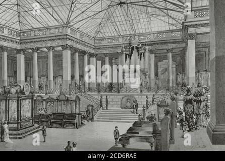 Italia, Milano. Fiera Nazionale di Milano 1881. Installazione speciale delle sezioni 'Strumenti musicali' e 'Costumi nazionali', presso la Sala Pompeiana. Incisione. La Ilustracion Española y americana, 1881. Foto Stock