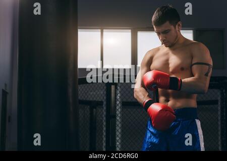 Giovane pugile caucasico maschio con torso nudo muscolare che indossa blu  shorts boxing e bende elastiche rosse sulle mani che posano a. box studio  Foto stock - Alamy