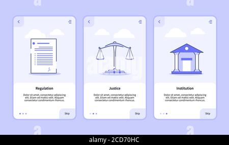 Schermata di onboarding dell'istituto di giustizia per il banner del modello di app mobili Pagina UI con tre varianti moderno stile a contorno piatto Illustrazione Vettoriale