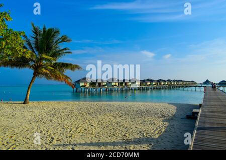 Spiaggia soleggiata con sabbia bianca, palme da cocco e mare turchese. Vacanza estiva e concetto di spiaggia tropicale. Overwater al resort Maldive Island. Foto Stock