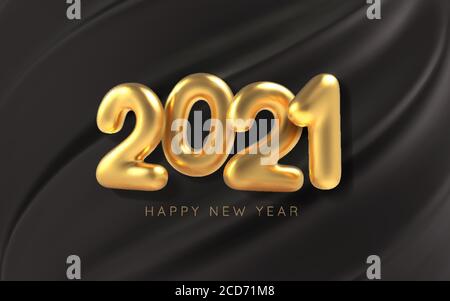 Felice Anno Nuovo. Palloncino 3D realistico con iscrizione dorata 2021 su fondo di seta nera. Vettore Illustrazione Vettoriale