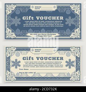 Modello di voucher vintage natalizio con bordo floreale, fiocchi di neve e palle di natale. Buono regalo Illustrazione Vettoriale