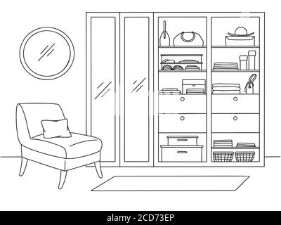 guardaroba di schizzo lineare. Armadio, poltrona e diversi elementi interni su sfondo bianco. Illustrazione vettoriale Illustrazione Vettoriale