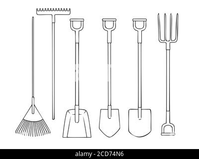 Set di diversi attrezzi da giardino. Pala, rastrello, forchetta, spatola isolati su sfondo bianco. Illustrazione vettoriale nello stile di schizzo. Illustrazione Vettoriale