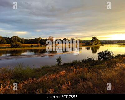 Dresden, Germania. Panoramica immagine cityscape di Dresda, in Germania con la riflessione della città del fiume Elba, durante il tramonto. Foto Stock