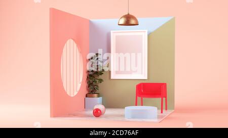 La cornice si presenta con il rendering art deco 3d della stanza surreale Foto Stock