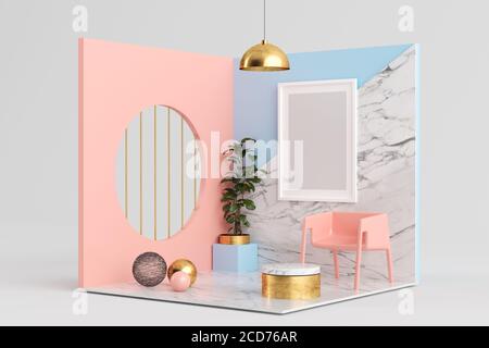 Cornice mock up su rosa, blu e marmo surreale sala rendering 3d Foto Stock