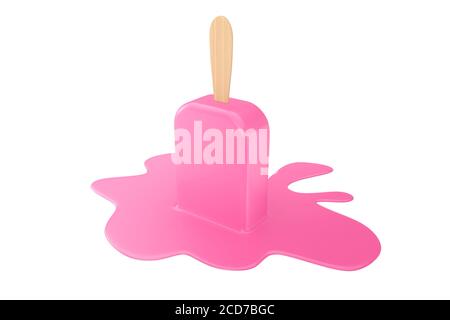 Delicious Pink Chocolate Flavour Stick Ice Cream che si fonde su uno sfondo bianco. Rendering 3d Foto Stock