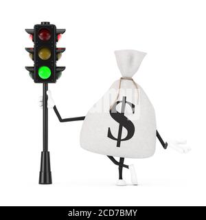 Lega Rustic Canvas Linen Money Sack o Money Bag e Dollar Sign Mascot personaggio con Traffic Green Light su sfondo bianco. Rendering 3d Foto Stock