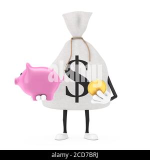 Sacco di denaro o Money Bag and Dollar Sign Character Mascot con Piggy Bank e Golden Dollar Coin su sfondo bianco. ren. 3d Foto Stock