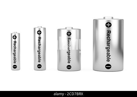 Set di icone batterie alcaline con dimensioni diverse AAA, AA, C, D e cartello ricaricabile su sfondo bianco. Rendering 3d Foto Stock