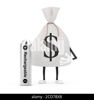 Sacco di denaro o Money Bag in tela rustica legata e Mascot personaggio Dollar Sign con batteria ricaricabile su sfondo bianco. Rendering 3d Foto Stock