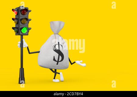 Lega Rustic Canvas Linen Money Sack o Money Bag e Dollar segno Mascot personaggio con Traffic Green Light su uno sfondo giallo. Rendering 3d Foto Stock