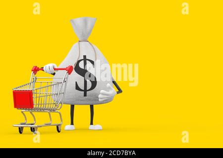 Lega Rustic Canvas Linen Money Sack o Money Bag e Dollar Sign Mascot personaggio con Carrello Carrello Trolley su sfondo giallo. Rendering 3d Foto Stock