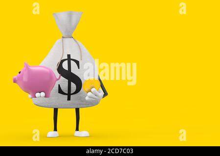 Sacco di denaro o Money Bag and Dollar Sign Character Mascot con Piggy Bank e Golden Dollar Coin su sfondo giallo. Re. 3d Foto Stock