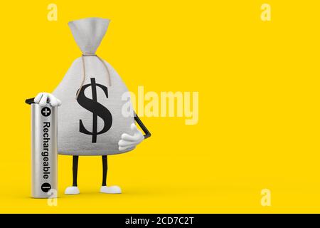 Sacco di denaro o Money Bag and Dollar Sign Character Mascot con batteria ricaricabile su sfondo giallo. Rendering 3d Foto Stock